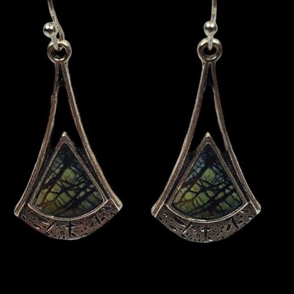 Bohemian Textured Silver Tone Dangle Drop Green Black Resin Faux Stone Earrings - Picture 7 of 7